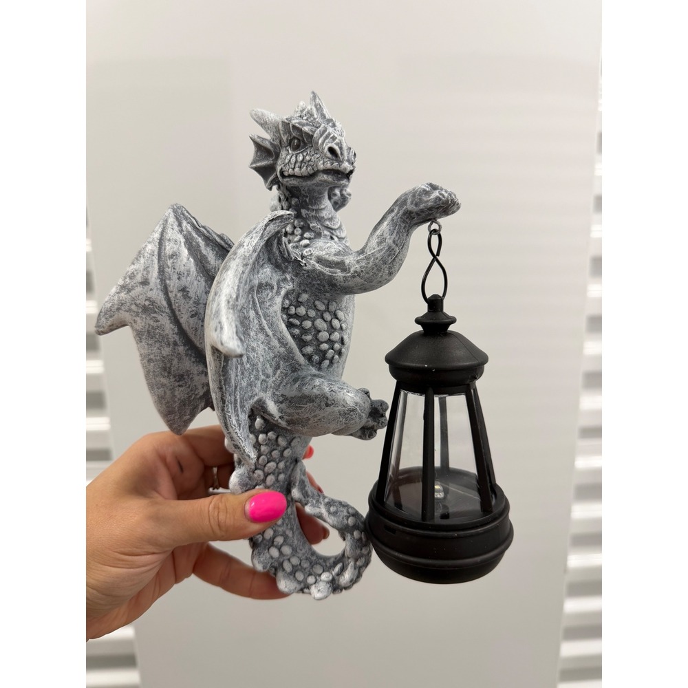 Gothic Dragon Wall Sculpture with Hanging Lantern Stone Finish Fantasy Decor 10"